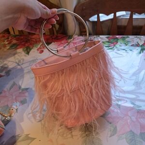 Pink Feather-Trim Bucket Bag with Gold Ring Handles
